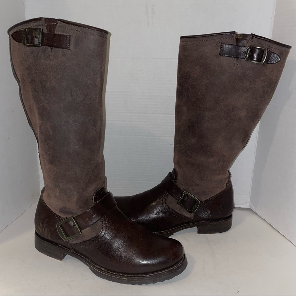 Frye Veronica leather suede Brown Riding Knee-High Boots buckle details size 9B